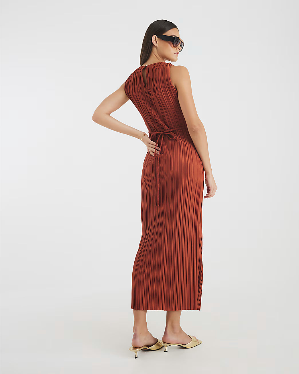 Orange Sleeveless Plisse Belted Midi Dress