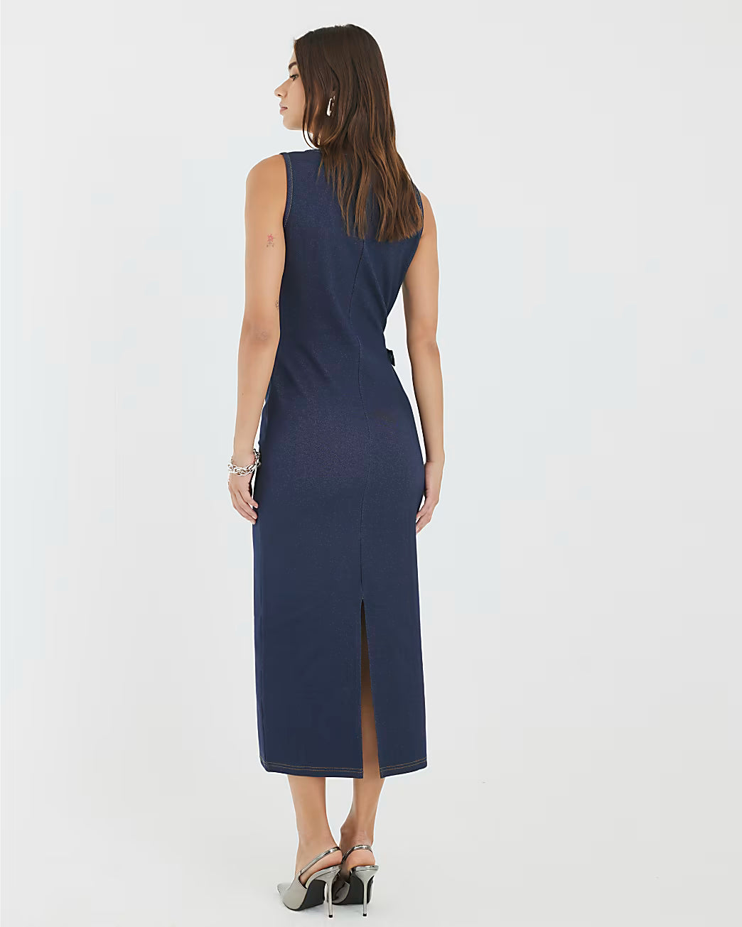 Blue Denim Twill Belted Midi Dress