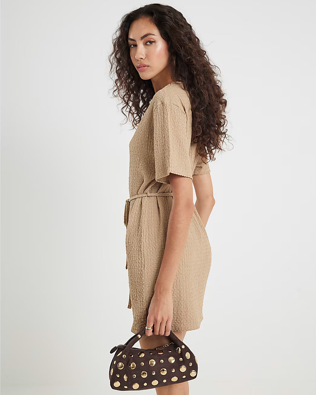 Beige Textured Belted Dress