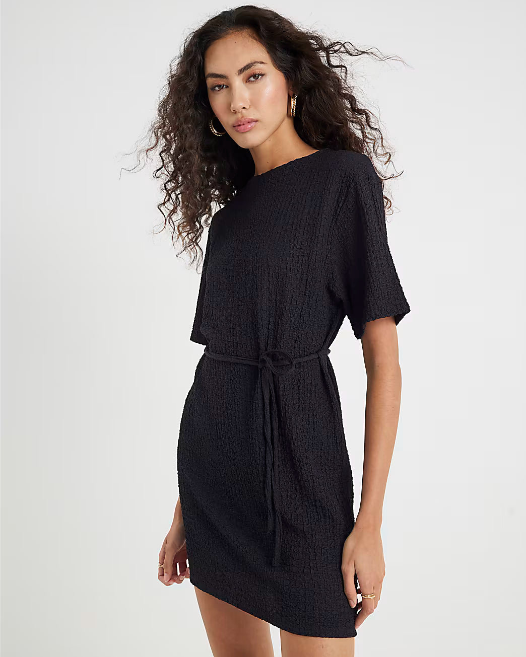 Black Textured Belted Dress