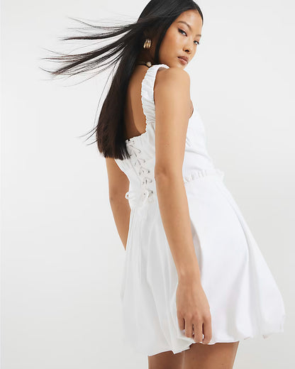 Petite White Satin Bubble Hem Mini Dress
