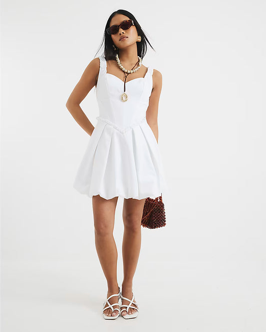 Petite White Satin Bubble Hem Mini Dress