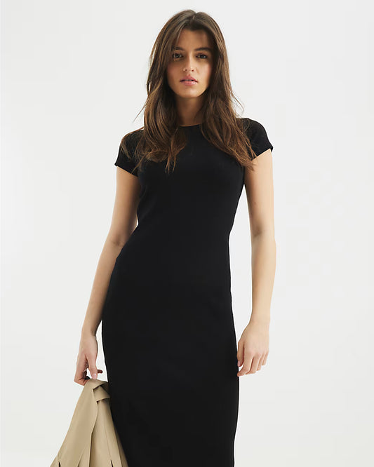Black Cap Sleeve Ribbed Midi Dress