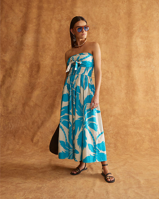 Blue Bandeau Poplin Midi Dress