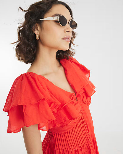 Red frill Sleeve Midi Dress