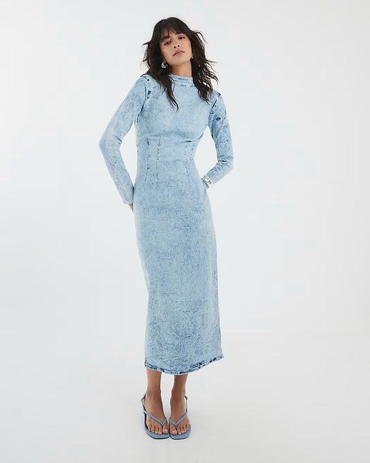 Blue Denim Long Sleeve Acid Wash Midi Dress