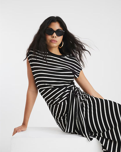 Black Stripe Knot Side Midi Dress
