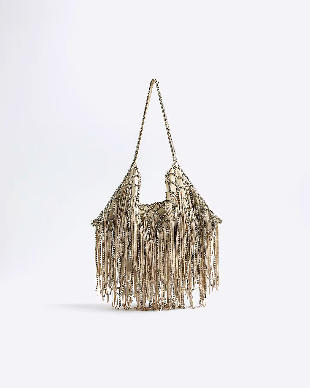 Cream Premium Crystal Fringe Shoulder Bag