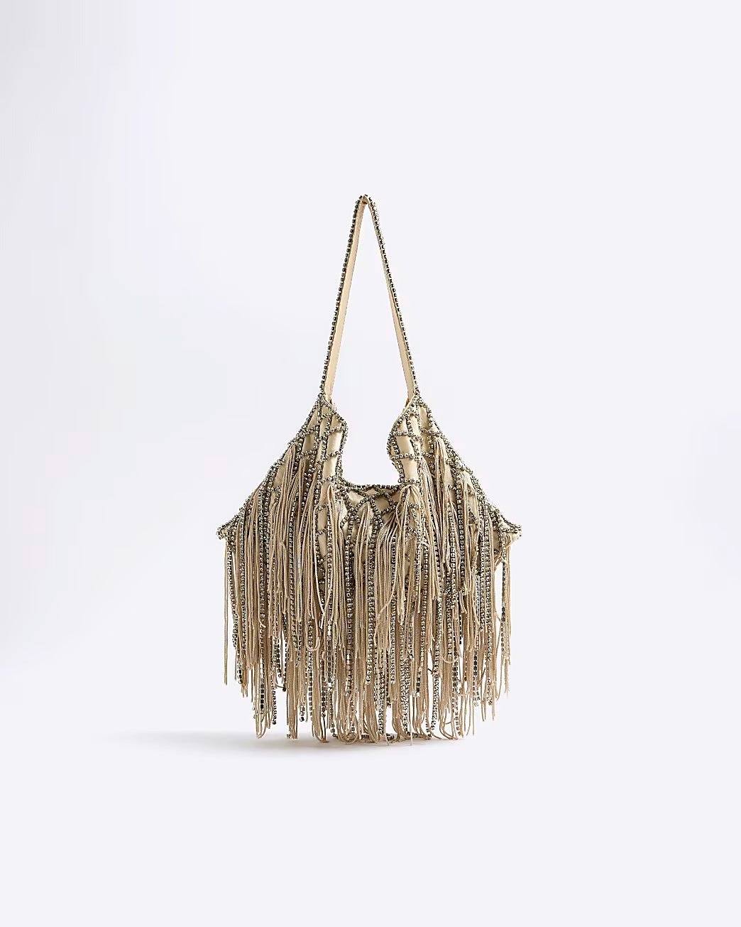 Cream Premium Crystal Fringe Shoulder Bag