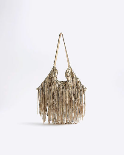 Cream Premium Crystal Fringe Shoulder Bag