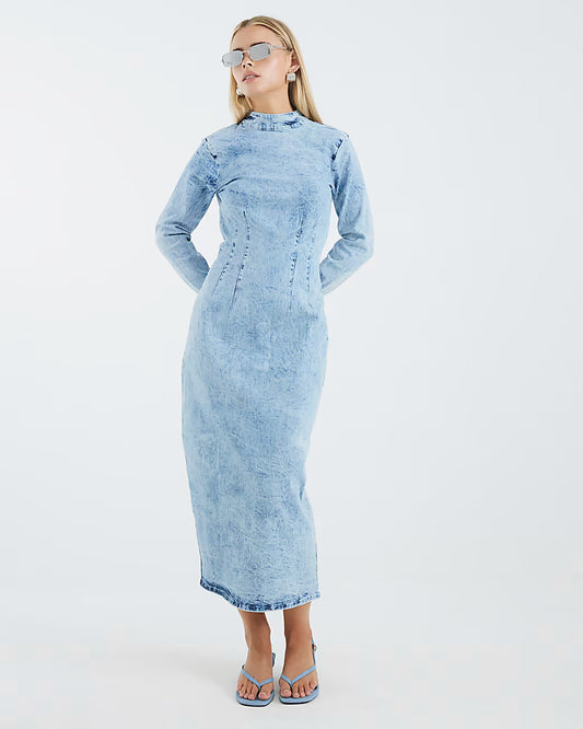 Petite Blue Denim Long Sleeve Midi Dress