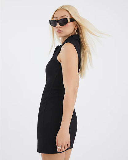 Black Sleeveless Zip Collar Mini Dress