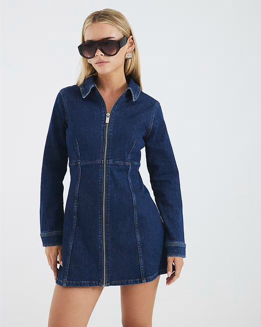 Petite Blue Denim Zip Front Mini Dress