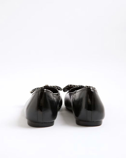 Black Wide Fit Chain Bow Ballet Pumps