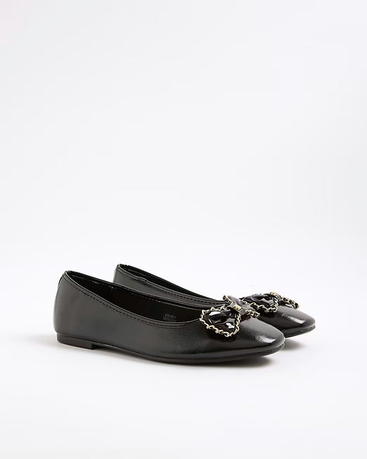 Black Wide Fit Chain Bow Ballet Pumps