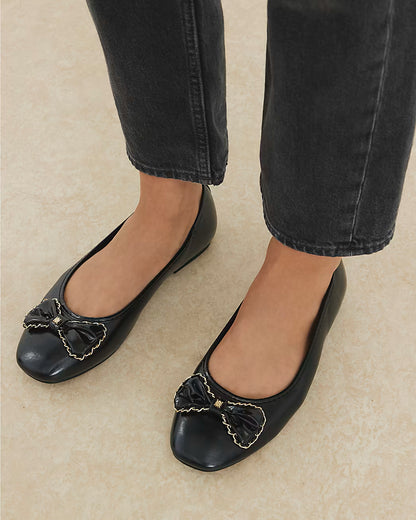 Black Wide Fit Chain Bow Ballet Pumps