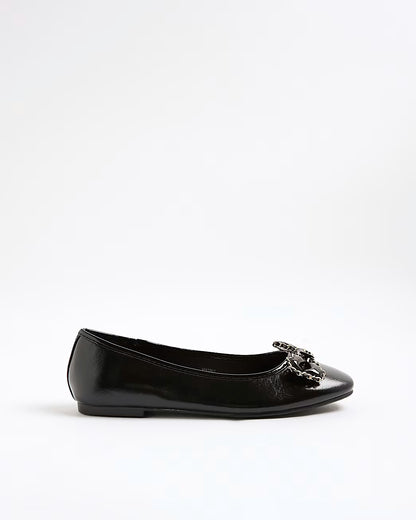 Black Wide Fit Chain Bow Ballet Pumps
