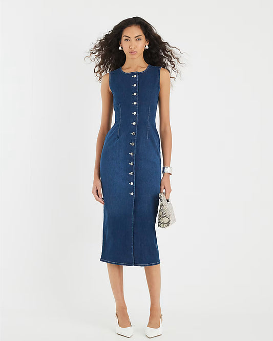 Blue Denim Button Front Midi Dress