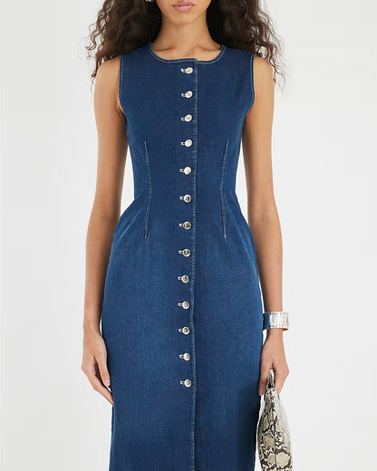 Blue Denim Button Front Midi Dress