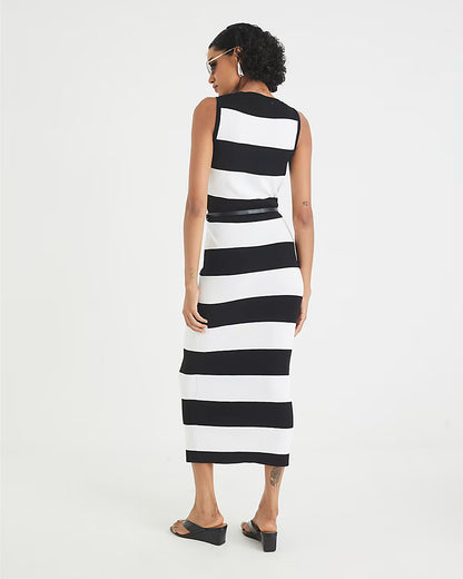 Black Stripe Knitted Belted Column Dress