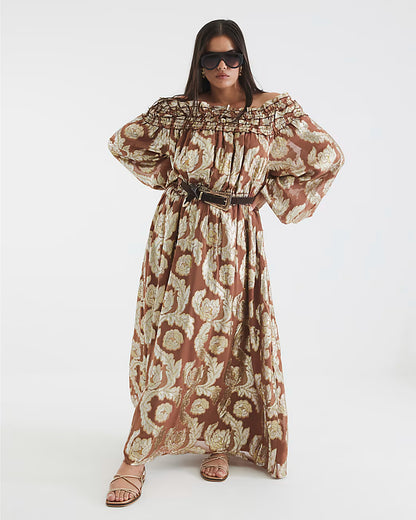 Brown Ruffled Gold Detail Bardot Maxi Dress