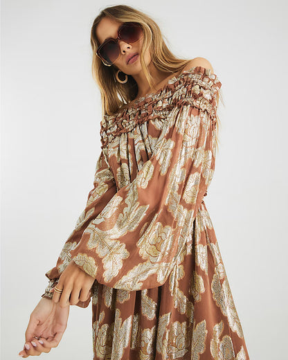 Brown Ruffled Gold Detail Bardot Maxi Dress