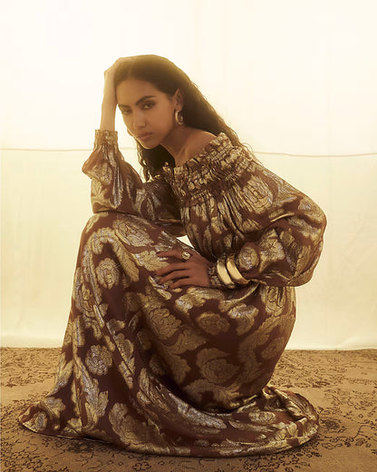 Brown Ruffled Gold Detail Bardot Maxi Dress
