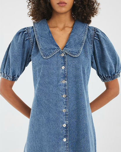 Blue Denim Short Sleeve Collared Shirt Dress