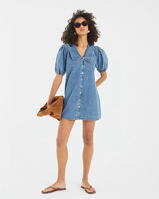 Blue Denim Short Sleeve Collared Shirt Dress