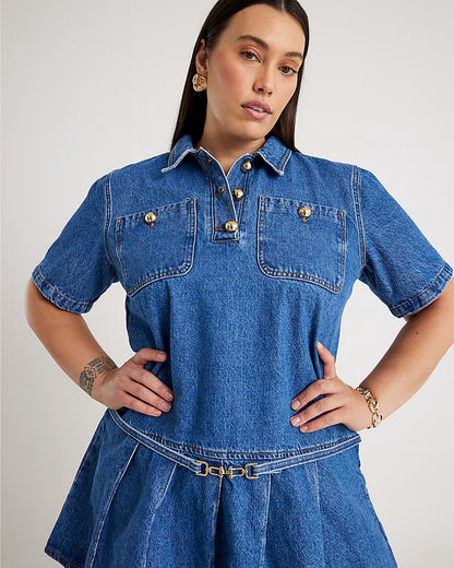 Blue Denim Short Sleeve Pleated Mini Dress