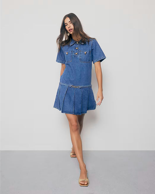 Blue Denim Short Sleeve Pleated Mini Dress