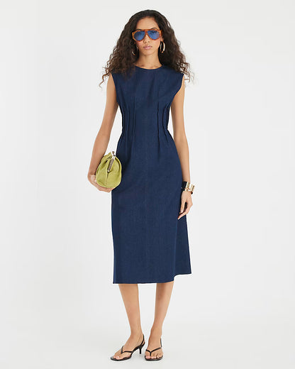 Blue Denim Pintuck Stretch Denim Midi Dress