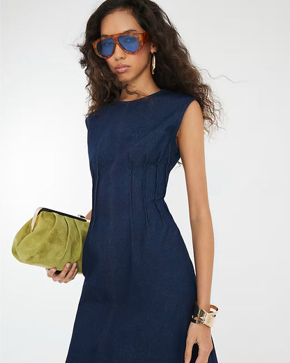 Blue Denim Pintuck Stretch Denim Midi Dress