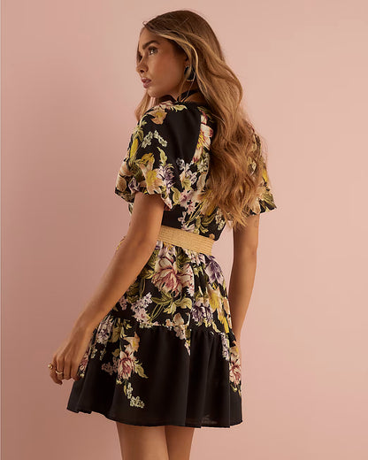 Black Floral Short Sleeve Belted Mini Dress