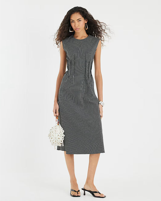 Black Sleeveless Pintuck Checked Midi Dress