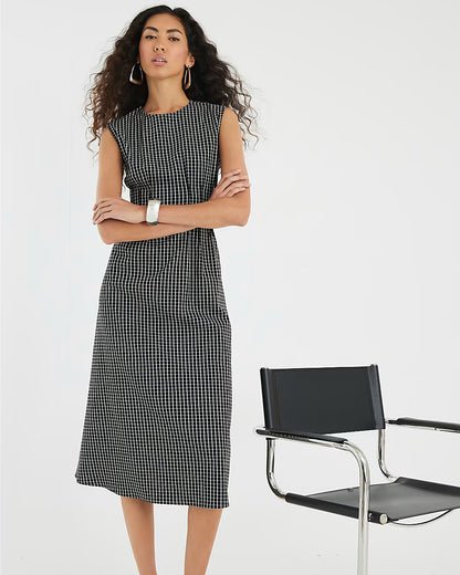 Black Sleeveless Pintuck Checked Midi Dress