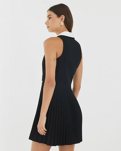 Black Collared Pleated Mini Dress