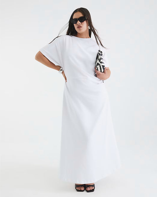 White Short Sleeve Drape Side Midi Dress