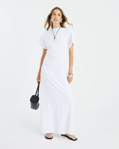 White Short Sleeve Drape Side Midi Dress