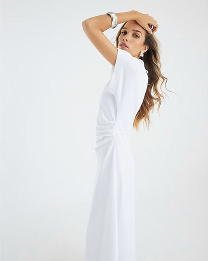 White Short Sleeve Drape Side Midi Dress