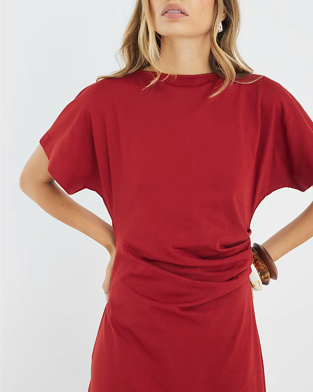 Red Short Sleeve Drape Side Midi Dress