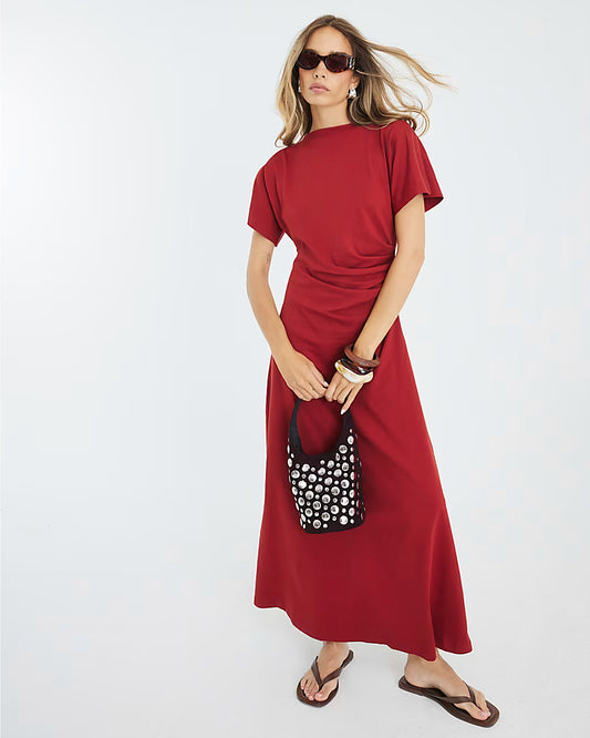 Red Short Sleeve Drape Side Midi Dress