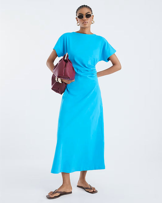Blue Short Sleeve Drape Side Midi Dress