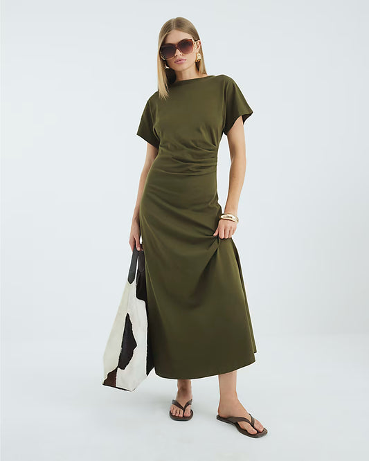 Green Short Sleeve Drape Side Midi Dress