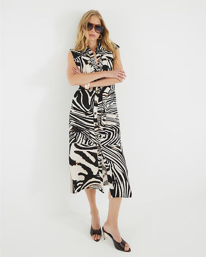Black Zebra Print Midi Shirt Dress