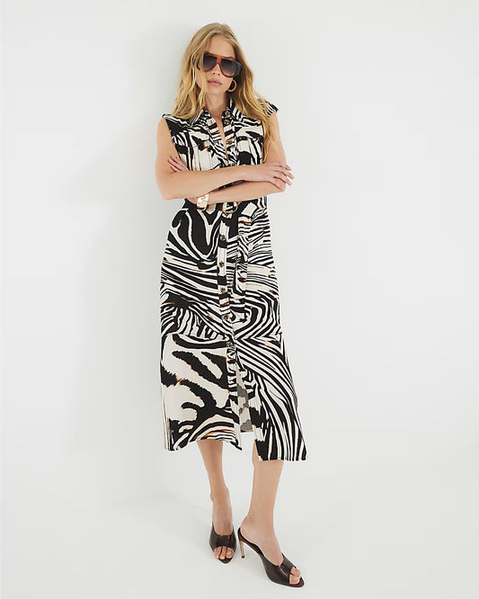 Black Zebra Print Midi Shirt Dress