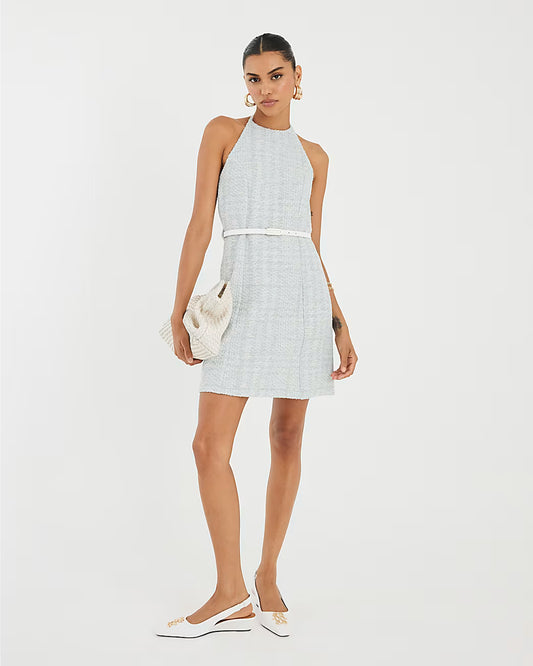 Blue Halter Neck Boucle Belted Mini Dress