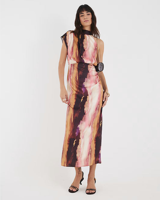Pink Satin Printed High Neck Midi Dress