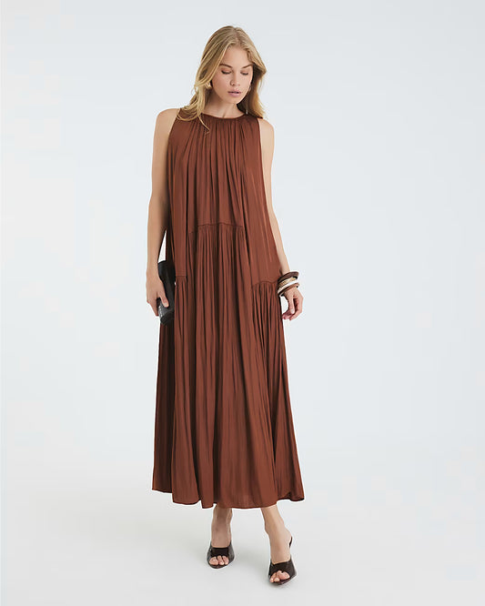 Brown Pleated Maxi Dress