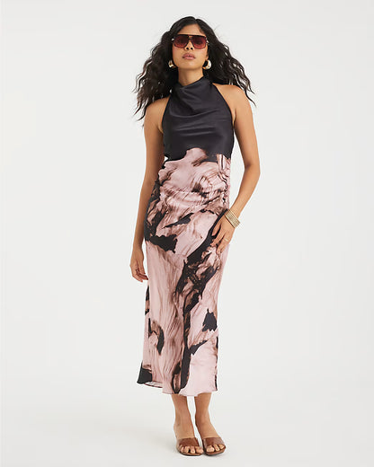 Pink Satin Printed Cowl Neck Slip Dress